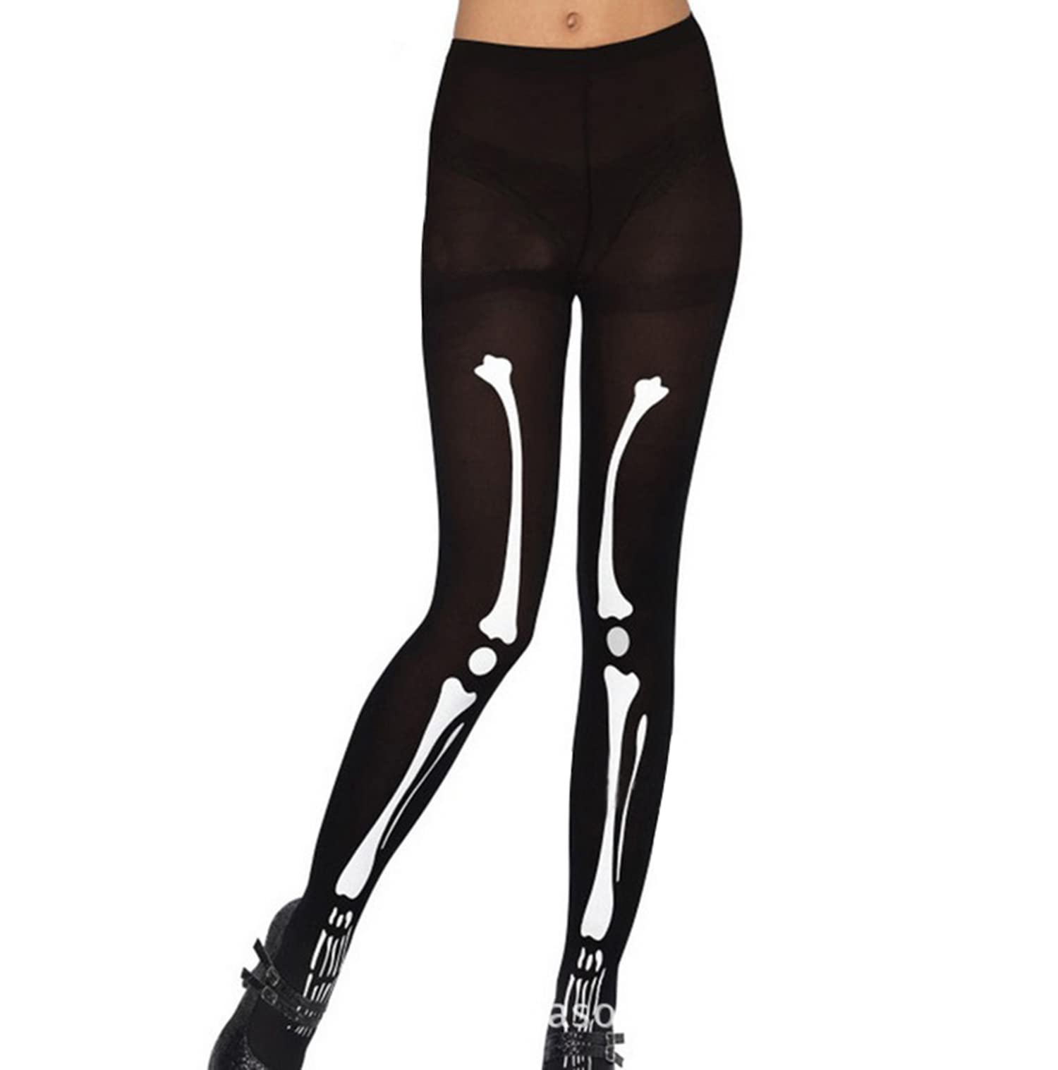 MFUOE Day of the Dead Skeleton Tights Halloween Black Tights with White Bone Print Tights for Women Ladies Halloween Fancy Dress Costume Accessory