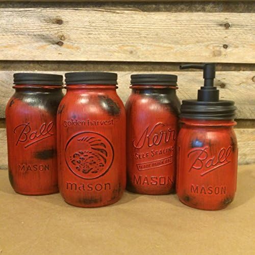 Rustic Red Mason Jar Canister Set with Soap Dispenser, Rustic Mason Jar Centerpiece, Rustic Red Canisters with Mason Jar Soap Dispenser, Custom Colors Available!