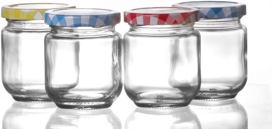 Godskitchen 200ml (Set of 4) - Mason Jars with Colourful Lids, Regular Mouth, Dishwasher Safe, BPA Free