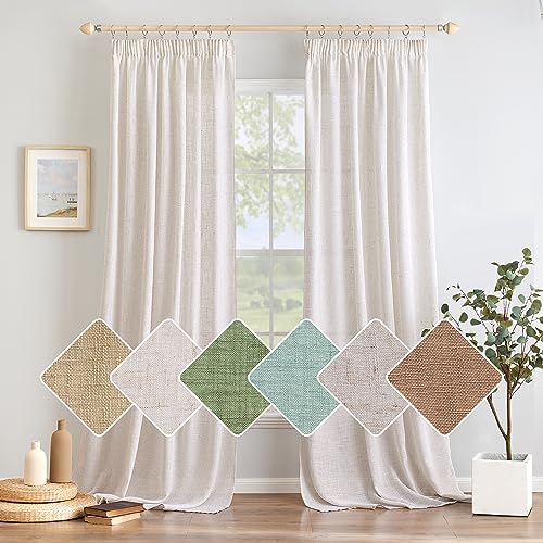 Woaboy Linen Curtains with Frunction Tape Curtains Bedroom Window Translucent Modern Curtains for Living Room Bedroom 2 Pieces 140 x 260 cm White Bleached