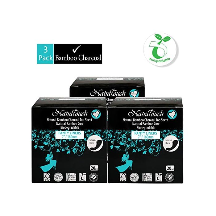 NATRATOUCH ~ COMPOSTABLE ~ Natural Bamboo Charcoal (PANTYLINER- 3 Pack Total 60 Liners)
