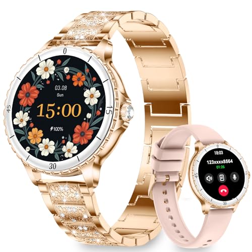 Women's Smart Watch with Calls, 1.27'' Smartwatch Woman with Diamond Strap, Compatible with Android/iOS, IP68 Waterproof Smart Watch Round with 120+ Sports SpO2 Sleep Pedometer, Rose Gold