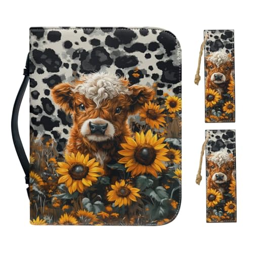 Cadowhimsy Highland Cow Sunflower Leopard Print Faux Leather Bible Cover Church Bible Bag with Bookmarks Book Covers Carrying Book Case with Zippered Pockets for Prayer, L at Amazon