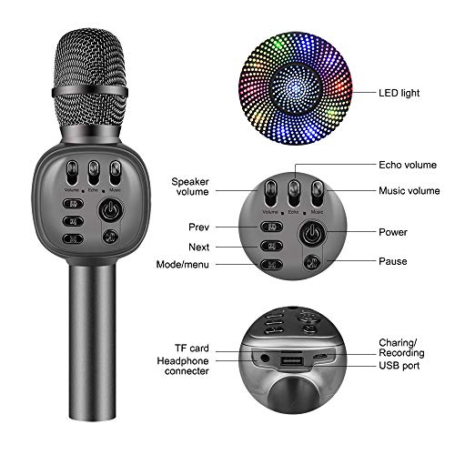 Bluetooth Karaoke microphone, Portable Karaoke Player Speaker For Apple Android Smartphone Or PC, with Flash LED Color-Light Home KTV Outdoor Party Music Playing Singing Anytime(Grey-black)