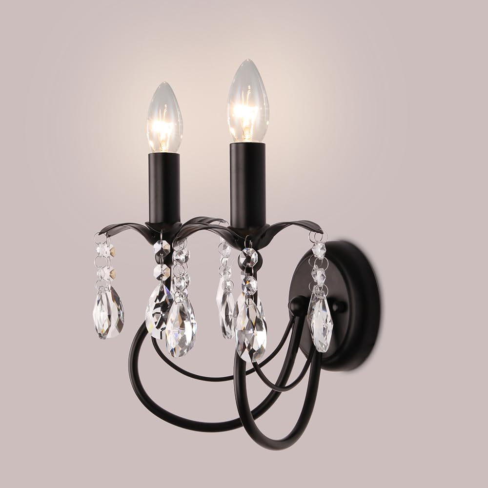 Photo 1 of Crystal Wall Sconce,2- Lights Vintage Candle Wall Sconces,Black Wall Lamp, Antique Sconces Wall Lighting Vanity Light for Living Room Hallway Bathroom Bedroom and Victorian Wall Sconce Lighting E12