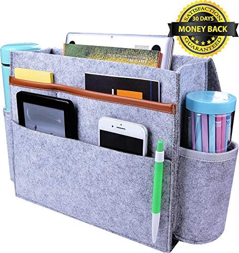 YOMFUN Bedside Caddy Organizer, Bedside Storage Organizer Upgraded 6 Pockets Large Sofa Bed Caddy with Cup Holder, Felt Hanging Organizer for Phone/Magazine/13 Laptop (Light Gray)