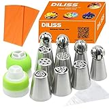 DILISS Cake Decorating Nozzle Set - 6 Stainless Steel Russian Piping Tips & 4 Sphere Balls, 2 Couplers, and 10 Disposable Pastry Bags & 1 Reusable Silicone Pastry Bag, Pastry Cake DIY Baking Tool