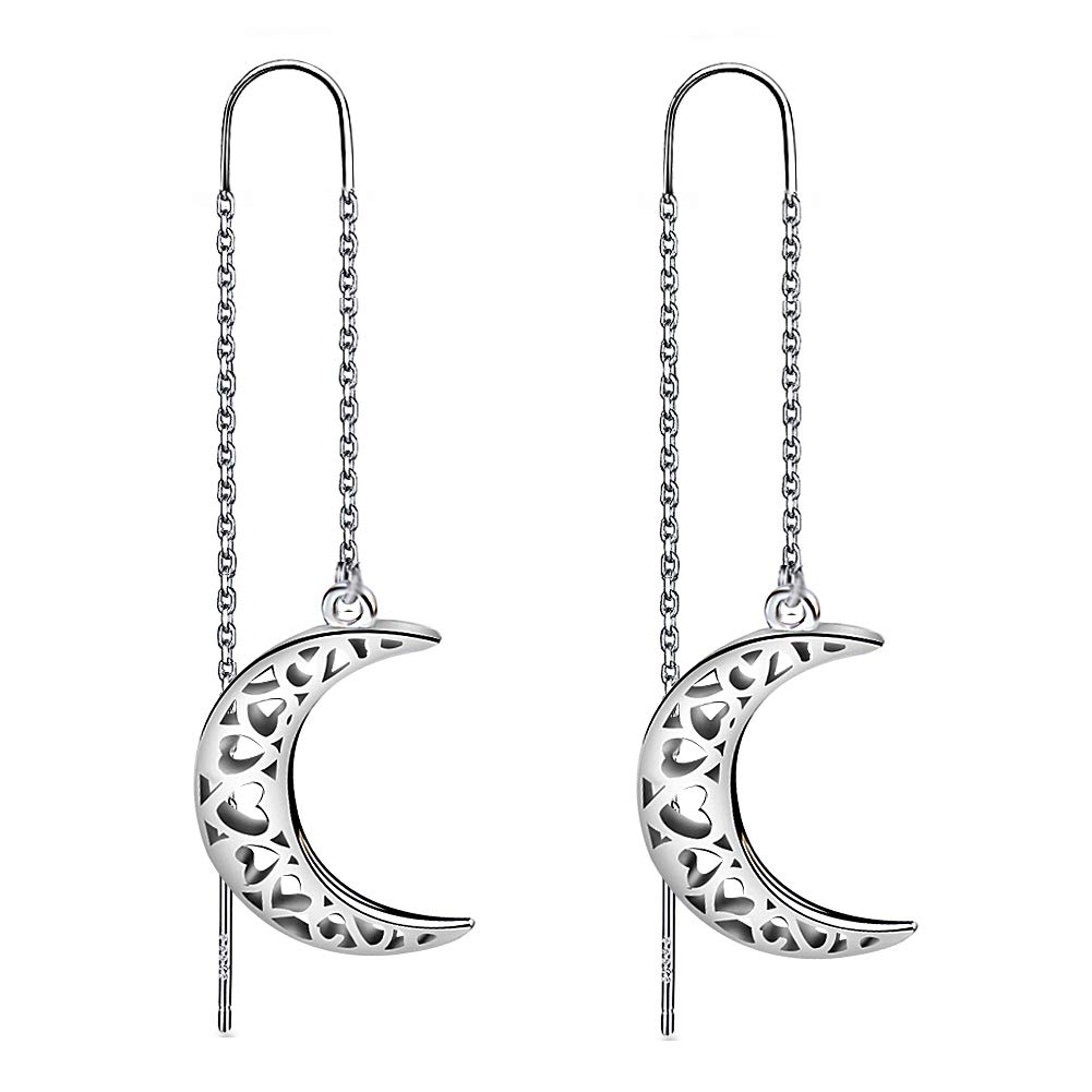 Meixao 925 Sterling Silver Filigree Crescent Moon Dangle Needle Threader Pull Through Earrings for Women (White)