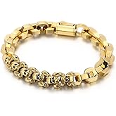 Klapgo Men's Gold Stainless Steel Skull Bracelet Punk Biker Gothic Skeleton Chain Hand Jewelry for Men Polished Gift for Him