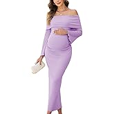 AISWI Off The Shoulder Maternity Dress Bell Sleeves Ruched Bodycon Maxi Elegant Pregnancy Dresses Baby Shower Photoshoot