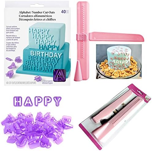 Adjustable Cake Scraper and 40 Alphabet Number Cake topper decorating Cutter Set Fondant Cake Decorating Tool Edge Smoothing Cake Icing Polisher Smoother Biscuit Cookie Cutter Mold