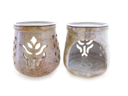 Fumaga - Räuchergefäß: stilvoll Verziertes Räucherstövchen Lotus aus Speckstein mit Sieb