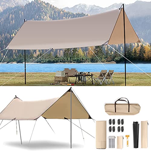 Overpassing Camping Tent Tarp Sun Shelter Canopy Beach Sunshade with Poles, 4-6 Person PU 3000mm Lightweight Awning Canopy Sun Shelter For Outdoor Camping Fishing Backyard Picnics Pool (3 * 4 meter)