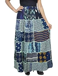 Women's Long Blue Skirt Printed Patchwork Gypsy Flared Gujarati Maxi Skirts