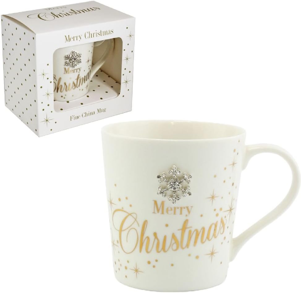Boxed Christmas Mug Cup With Diamante Heart - Merry Christmas
