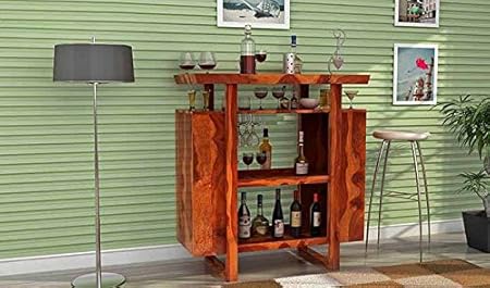Aprodz Sheesham Wood Wine Storage Stylish Hedland Bar Cabinet for Living Room | Teak Finish