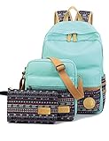Leaper Casual Style Lightweight Canvas Laptop Bag Cute School Backpack Shoulder Bag Pencil Case 3PCS Set (Water Blue)