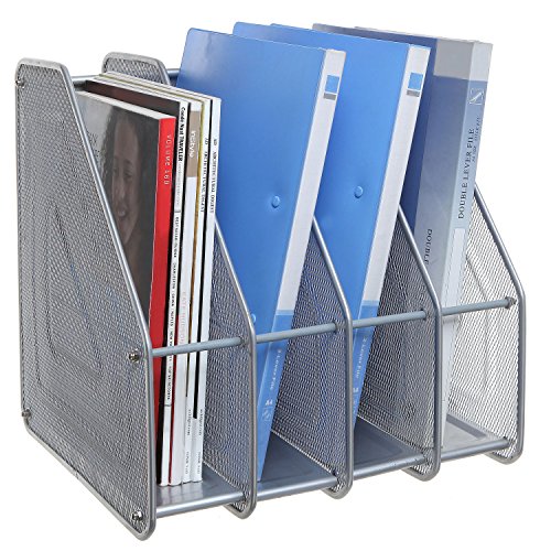 Silver Mesh Metal 4 Compartment Freestanding Desktop Document File Folder Organizer Stand / Magazine Rack