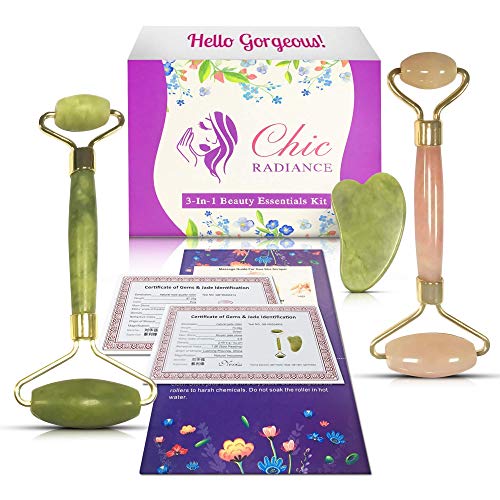 Chic Radiance 3-in-1 Facial Roller and Gua Sha Kit – Jade and Rose Quartz Massager Stones – Best Massage Rollers – Anti-Aging Tools for Puffiness, Dark Circles, Wrinkles