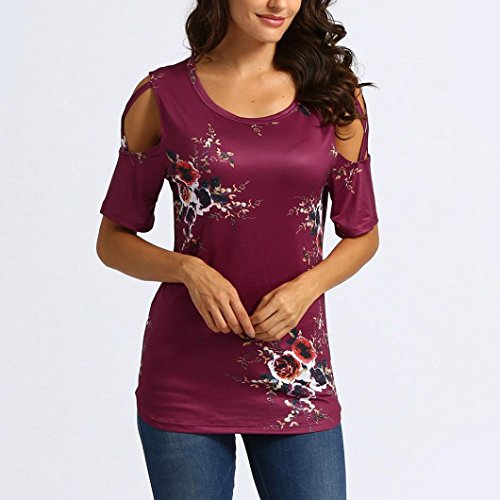 UONQD 2019d Black Summer T Shirt Women Short Sleeve Cold Shoulder Loose Fit Pullover Casual Top(Medium,x1-Wine Red)