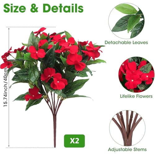 Laelfe Outdoor Artificial Flowers, 2 Packets UV Resistant Artificial Plastic Fake Flowers for Outdoors, Balcony, Garden, Window (Red)
