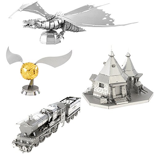 Fascinations Metal Earth 3D Metal Model Kits - Harry Potter Set of 4 - Hogwars Express Train, Hagrid's Hut, Golden Snitch, Gringotts Dragon