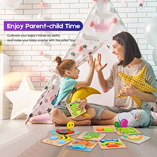 VSATEN Toddlers 3D Wooden Jigsaw Puzzles, Early Education Learning Toys Gifts Outdoor Indoor Toy with 8 Colorful Animals Patterns Safe Bright Shapes for Girls Boys 1 2 3 Years Old Kids (8 Packs)