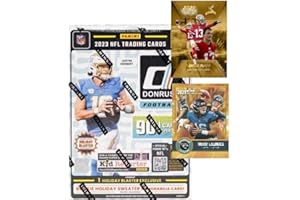 NEW 2023 Panini Donruss Football Card FACTORY SEALED Holiday Box with 90 Cards Including One Sweater Patch Memorabilia Card Per Box!! - Plus Novelty Trevor Lawrence and Brock Purdy Cards Pictured