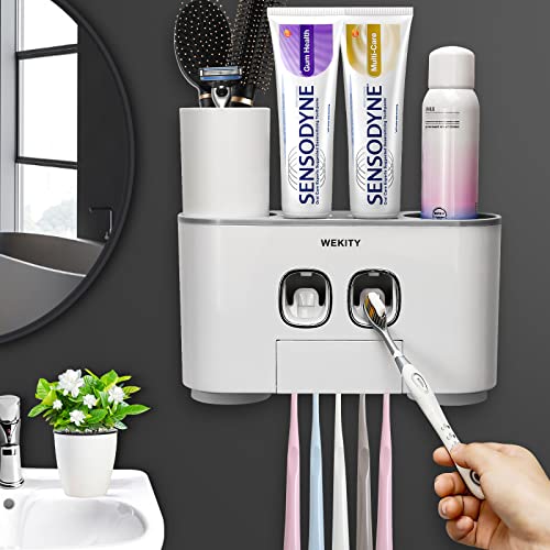 WREWING Soporte para cepillos de dientes multifunción para pared, dispensador de pasta dental automático y soporte para cepillos de dientes a prueba d
