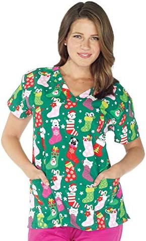 I Love Scrubs Women's Christmas Print Scrub Tops