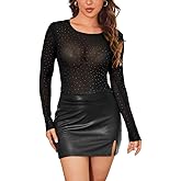 ADEWEL Womens Rhinestone Top Long Sleeve Round Neck Sheer Mesh Glitter Shirts Sexy See Through Blouses Tee Party Club Night
