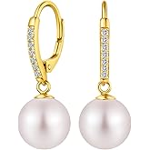 Jiahanzb 925 Sterling Silver Pearl Leverback Earrings for Women Cubic Zirconia Pearl Jewelry 10MM