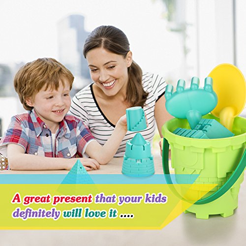 FITNATE Beach Toys Set Soft Plastic Pool Toy s/Bath Toys for Kids, Boys, Girls& Toddler, 10PCS with Mesh Bag , Bucket, Shovels, Rakes, Lots of Sand Molds (BPA Free) - Thumbnail 6