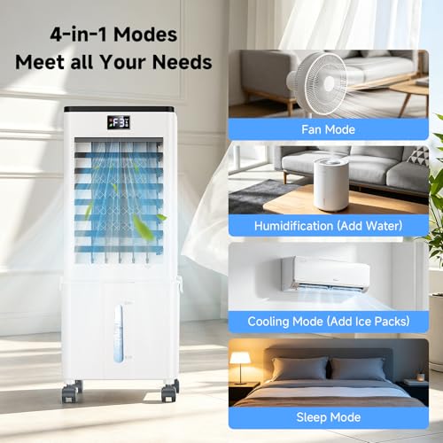 Portable Air Conditioner,4-in-1 AC Unit with 3 Speeds, 12H Timer, 60° Oscillation, 35dB Quiet, Remote Control, 10L Water Tank & 4 Ice Packs,60W Evaporative Air Cooler for Home & Office Bedroom（Black）
