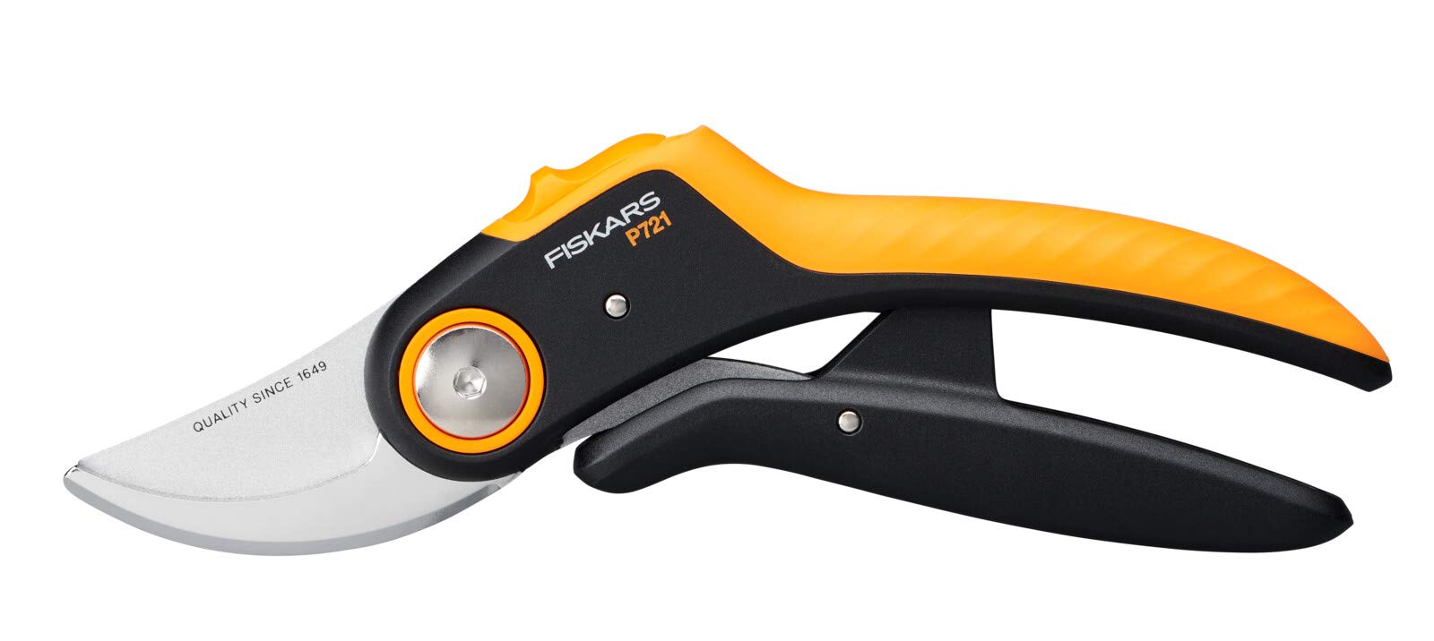 Fiskars Bypass Garden Pruners, Plus PowerLever, P721, For fresh branches and twigs, Non-stick coated, Stainless steel blades, Length: 21 cm, Black/Orange, 1057170