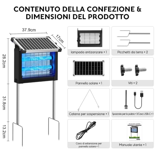 Dnenellr Outdoor Solar Anti-Mosquito Lamp, 4500 V Electric Mosquito Killer, IPX5 Waterproof, USB-C Rechargeable, 4000 mAh Battery, Cordless with Stake for Garden, Lawn, Terrace, Camping