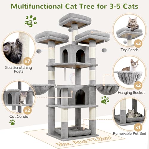 Globlazer Stable Cat Scratching Post 174 cm with 3 Padded Perches, 2 Cat House, 2 Baskets, Removable Pet Bed, Sisal Posts, Castle Cat Tree for 2-4 Adults Cats Indoor (F68B, Light Grey)