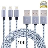 Airsspu Lightning Cable,3Pack 10FT Extra Long Nylon Braided iPhone charger USB Cord Charging Cable for iPhone 5/5S/5C/SE 6/6S 6 Plus/6S Plus 7/7 Plus, iPad mini/Air/Pro iPod touch/nano 7(Gray+White)