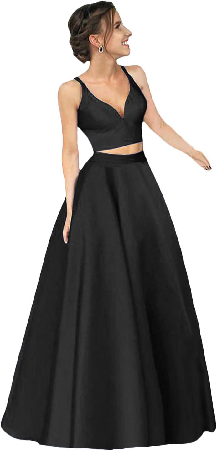 Dymaisei Women's V Neck Two Piece Satin Prom Dresses 2019 Long Formal Party Dresses
