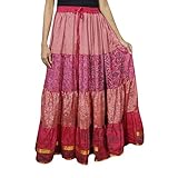 Womens Maxi Skirts Pink Recycled Sari Tiered Gypsy Long Skirt One Size