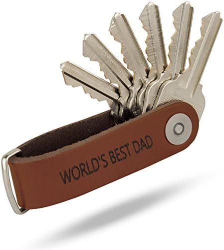 Father's Day Gift Key Holder - World's Best Dad Engraved Leather Keychain - Black Gift Box Included - Secure Locking Mechanism - Key Chain for up to 10 Keys & Tools