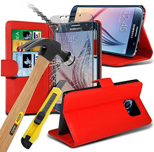 Samsung Galaxy E5 SM-E500F Leather Wallet Flip Book Case + Tempered Glass & One Touch Stand - Red - Gadget Giant®