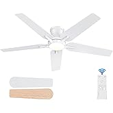 POCHFAN 52 Inch White Ceiling Fans with Lights and Remote, Flush Mount Low Profile Ceiling Fan for Bedroom, Living Room, Patio, Dimmable 6 Speeds Noiseless Reversible, ETL Listed
