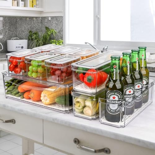 Ausein Juego de 14 Organizadores de Refrigerador, Contenedores de Acrilico de Nevera Transparentes con Tapas, Recipientes para Congelar Alimentos sin BPA para Frutas y Verduras, para Cocina