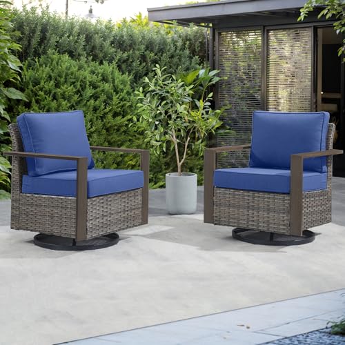 Rilyson 2 Pieces Outdoor Wicker Swivel Rocker Patio Chairs, Blue Cushions at Amazon