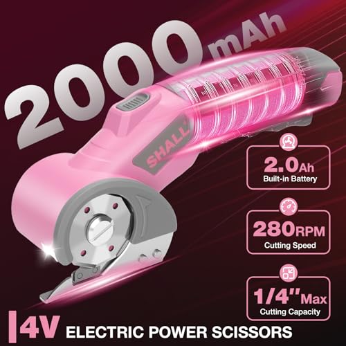 SHALL 4V Cordless Electric Scissors with Safety Lock, LED Light and Replacement Blade - Rechargeable Rotary Cutter for Fabric, Leather, Carpet, Cardboard and Plastic
