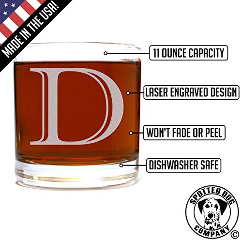 Etched Monogram 10.5oz Rocks Old Fashioned Lowball Glass for Whiskey Scotch Bourbon (Letter D)