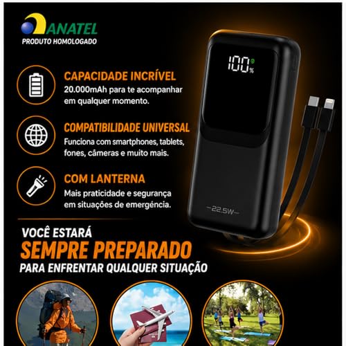 Power Bank, Carregador Portátil, 20000mAh, 22,5W, Carregamento Rápido, PD.