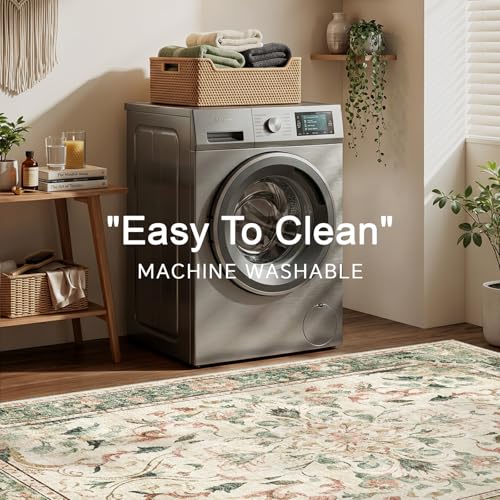 IKALIFE Washable Vintage Living Room Rug, Green, 240 x 340 cm | Large Washable Short Pile Rug with Floral Pattern, Non-Slip, Soft, Ideal for Living Room, Bedroom and Dining Room