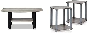 FURINNO Simple Design Coffee Table, French Oak Grey/Black & Simplistic End Table, French Oak Grey/Grey